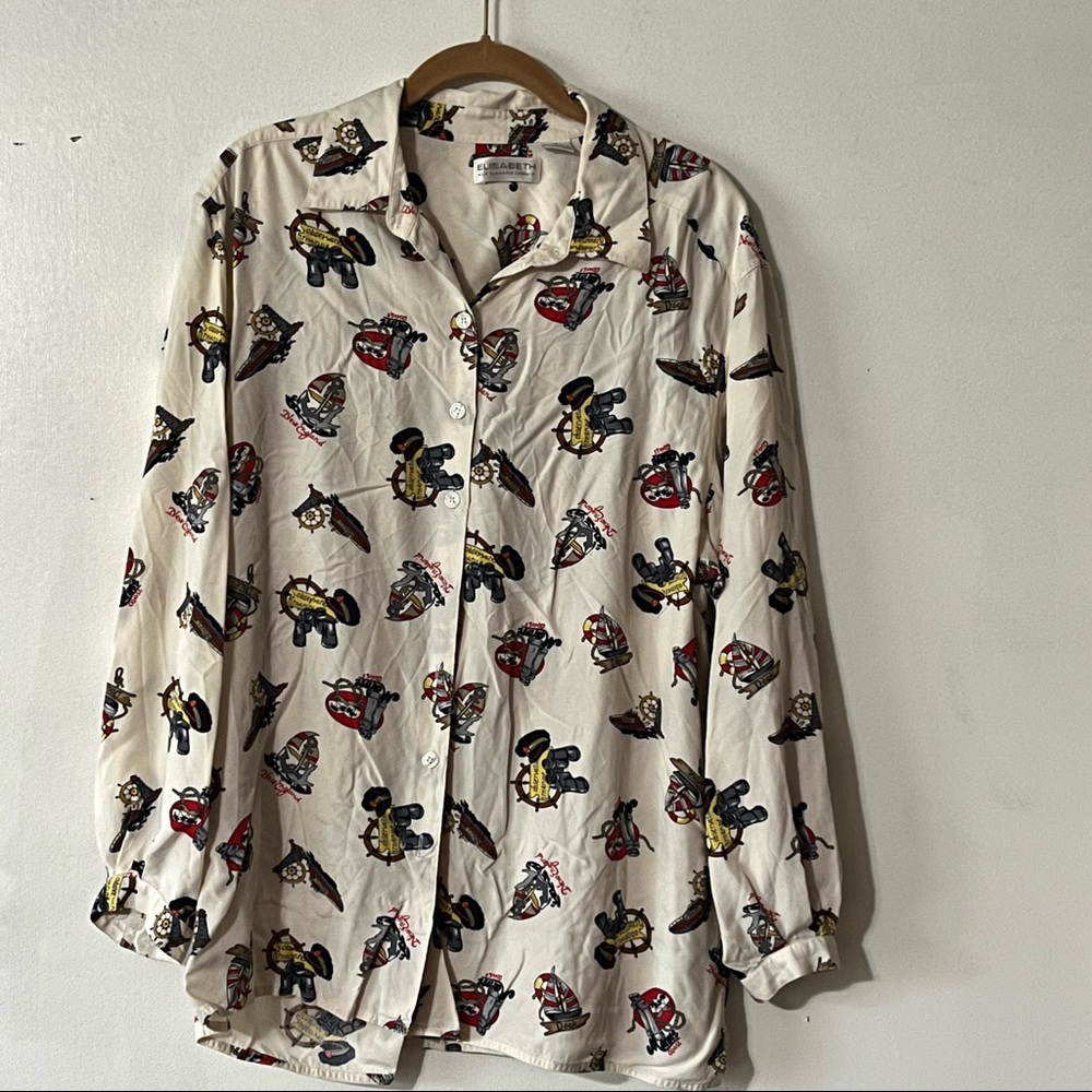 ELISABETH LIZ CLAIBORNE Women Button Down Shirt Nautical Print Long Sleeve Sz 14